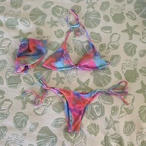 Rainbow tie dye three piece bikini NWOT M